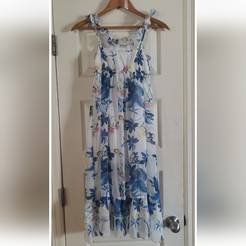 Girls Floral Maxi Dress with Blue and Pink Coconut Island Accents Sz 8/9